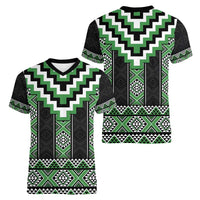 Green Taniko Pattern Aotearoa Women V-Neck T-Shirt Niho Taniwha Mix Poutama LT14 - Polynesian Pride