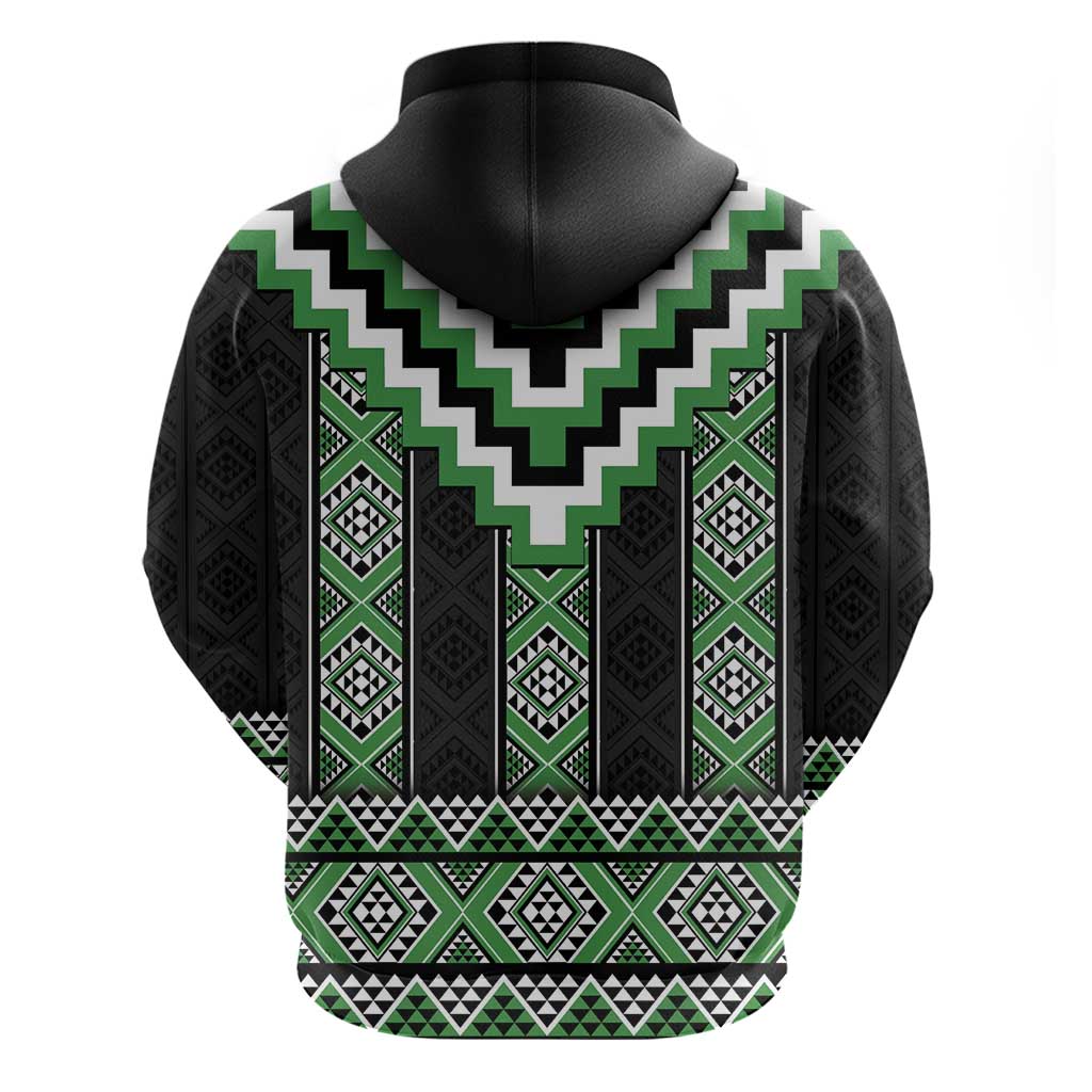 Green Taniko Pattern Aotearoa Zip Hoodie Niho Taniwha Mix Poutama LT14