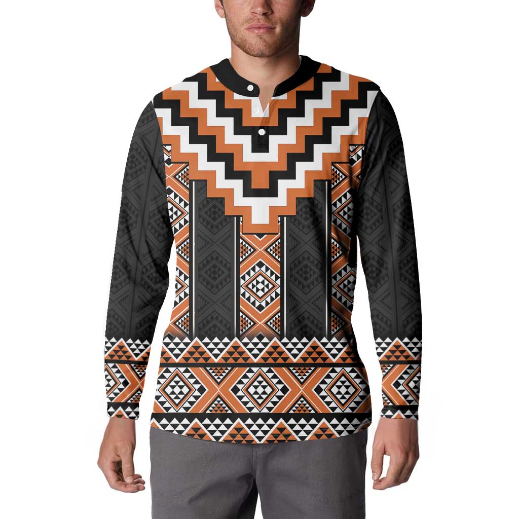 Orange Taniko Pattern Aotearoa Button Sweatshirt Niho Taniwha Mix Poutama LT14 - Polynesian Pride