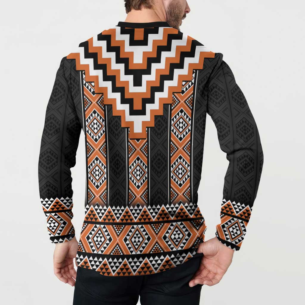 Orange Taniko Pattern Aotearoa Button Sweatshirt Niho Taniwha Mix Poutama LT14 - Polynesian Pride