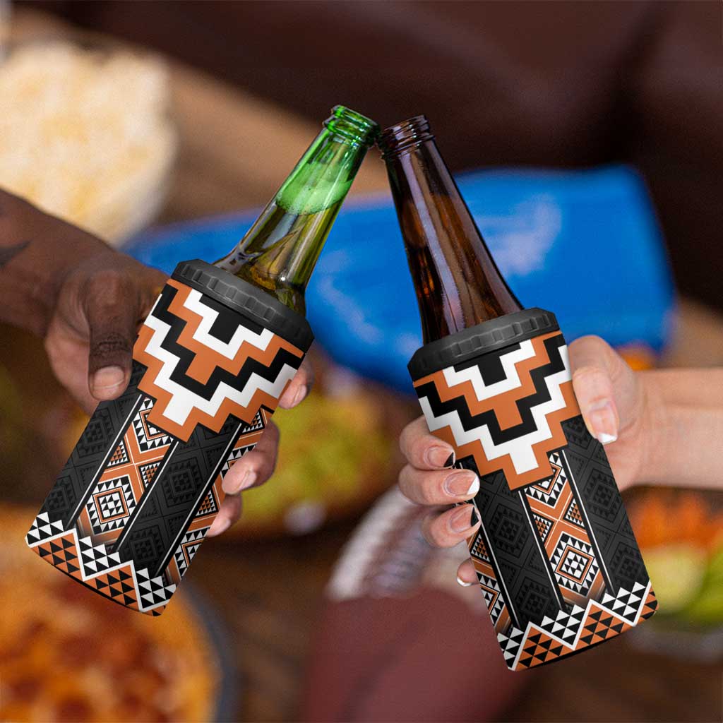 Orange Taniko Pattern Aotearoa 4 in 1 Can Cooler Tumbler Niho Taniwha Mix Poutama LT14