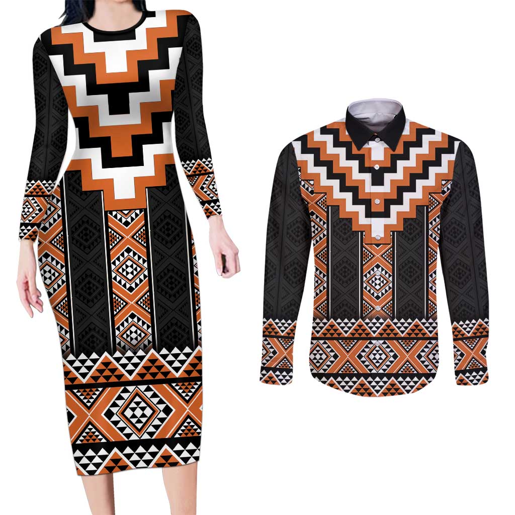 Orange Taniko Pattern Aotearoa Couples Matching Long Sleeve Bodycon Dress and Long Sleeve Button Shirt Niho Taniwha Mix Poutama LT14 Orange - Polynesian Pride