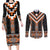 Orange Taniko Pattern Aotearoa Couples Matching Long Sleeve Bodycon Dress and Long Sleeve Button Shirt Niho Taniwha Mix Poutama LT14