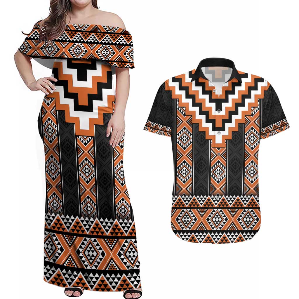 Orange Taniko Pattern Aotearoa Couples Matching Off Shoulder Maxi Dress and Hawaiian Shirt Niho Taniwha Mix Poutama LT14