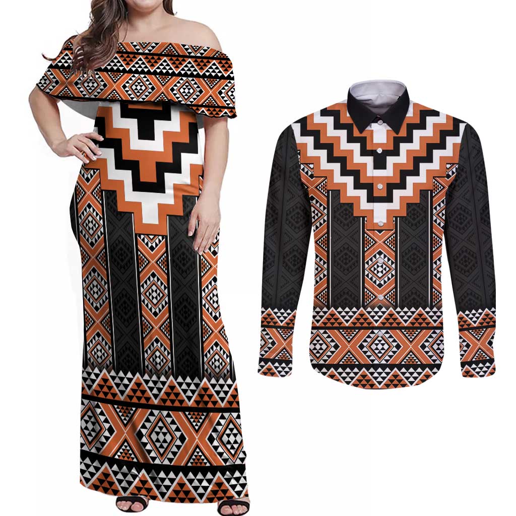 Orange Taniko Pattern Aotearoa Couples Matching Off Shoulder Maxi Dress and Long Sleeve Button Shirt Niho Taniwha Mix Poutama LT14 Orange - Polynesian Pride