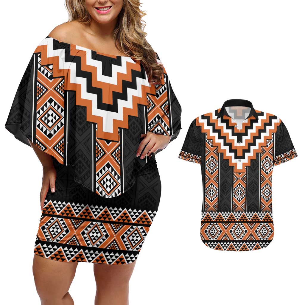 Orange Taniko Pattern Aotearoa Couples Matching Off Shoulder Short Dress and Hawaiian Shirt Niho Taniwha Mix Poutama LT14 Orange - Polynesian Pride