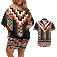 Orange Taniko Pattern Aotearoa Couples Matching Off Shoulder Short Dress and Hawaiian Shirt Niho Taniwha Mix Poutama LT14 Orange - Polynesian Pride