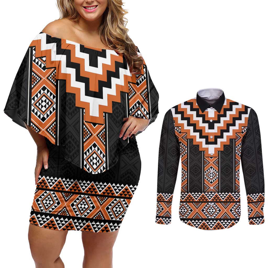 Orange Taniko Pattern Aotearoa Couples Matching Off Shoulder Short Dress and Long Sleeve Button Shirt Niho Taniwha Mix Poutama LT14 Orange - Polynesian Pride