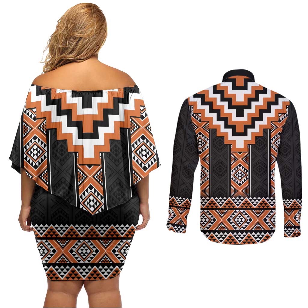 Orange Taniko Pattern Aotearoa Couples Matching Off Shoulder Short Dress and Long Sleeve Button Shirt Niho Taniwha Mix Poutama LT14 - Polynesian Pride