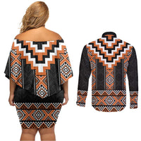 Orange Taniko Pattern Aotearoa Couples Matching Off Shoulder Short Dress and Long Sleeve Button Shirt Niho Taniwha Mix Poutama LT14 - Polynesian Pride