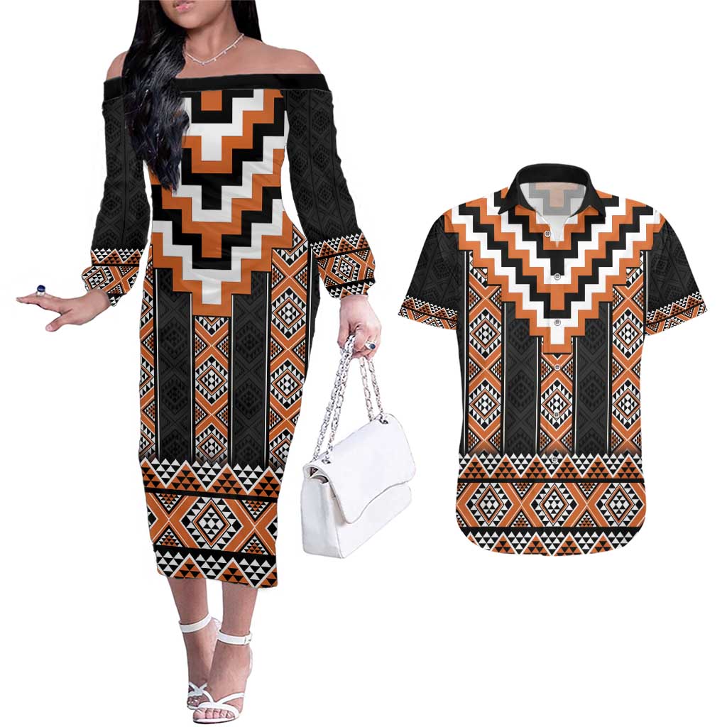 Orange Taniko Pattern Aotearoa Couples Matching Off The Shoulder Long Sleeve Dress and Hawaiian Shirt Niho Taniwha Mix Poutama LT14 Orange - Polynesian Pride