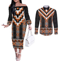 Orange Taniko Pattern Aotearoa Couples Matching Off The Shoulder Long Sleeve Dress and Long Sleeve Button Shirt Niho Taniwha Mix Poutama LT14 Orange - Polynesian Pride