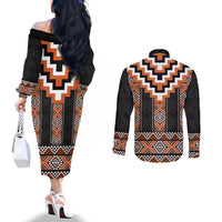 Orange Taniko Pattern Aotearoa Couples Matching Off The Shoulder Long Sleeve Dress and Long Sleeve Button Shirt Niho Taniwha Mix Poutama LT14 - Polynesian Pride