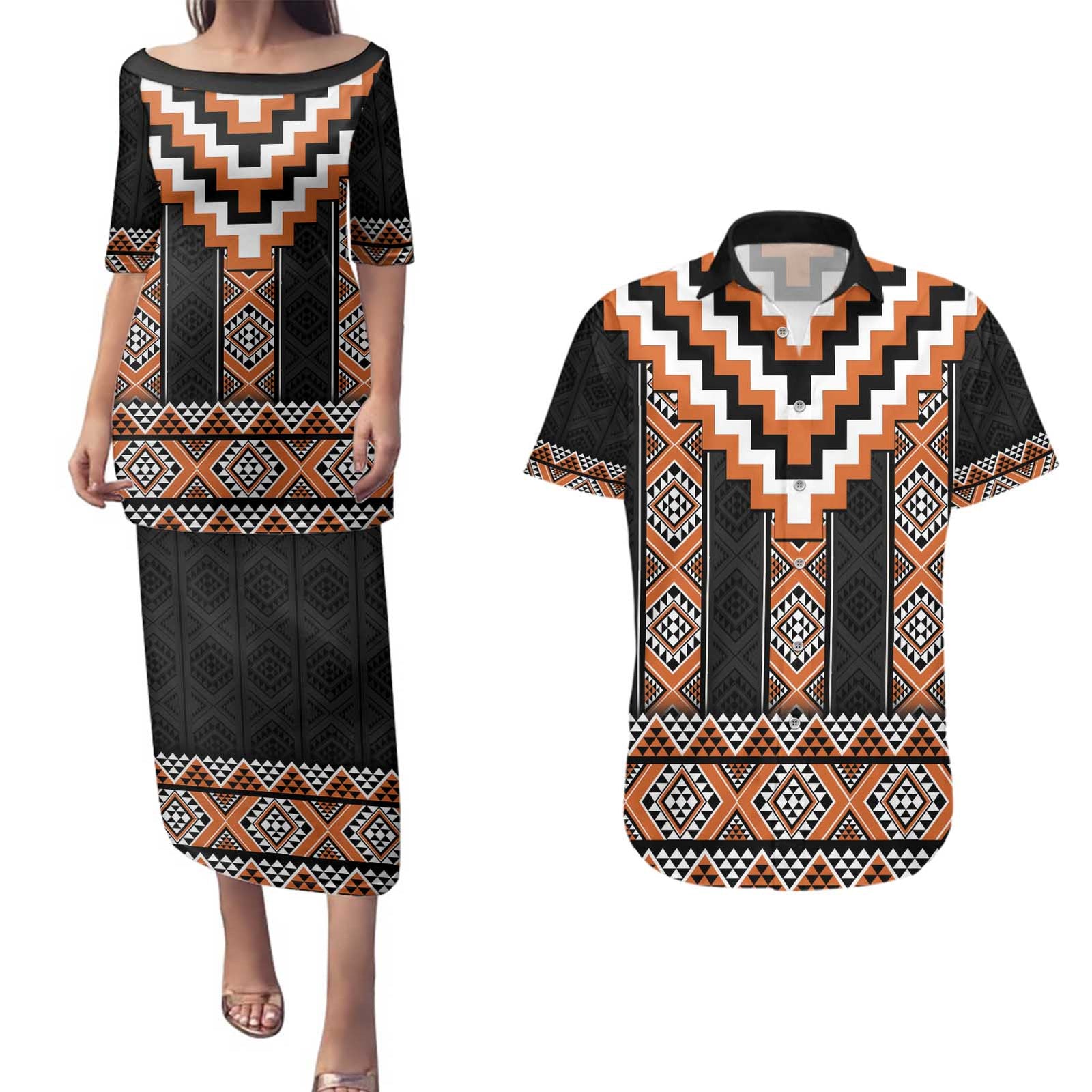Orange Taniko Pattern Aotearoa Couples Matching Puletasi and Hawaiian Shirt Niho Taniwha Mix Poutama LT14 Orange - Polynesian Pride