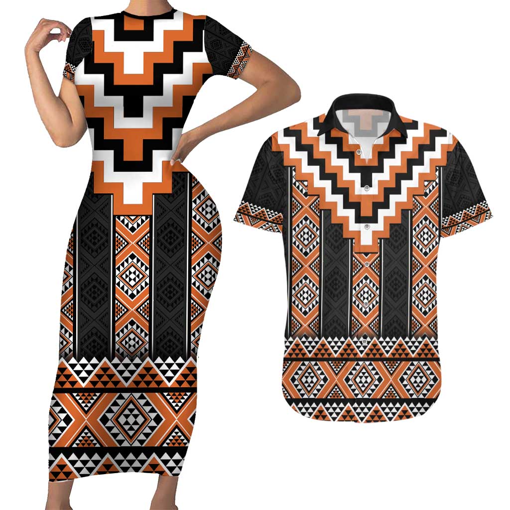 Orange Taniko Pattern Aotearoa Couples Matching Short Sleeve Bodycon Dress and Hawaiian Shirt Niho Taniwha Mix Poutama LT14 Orange - Polynesian Pride