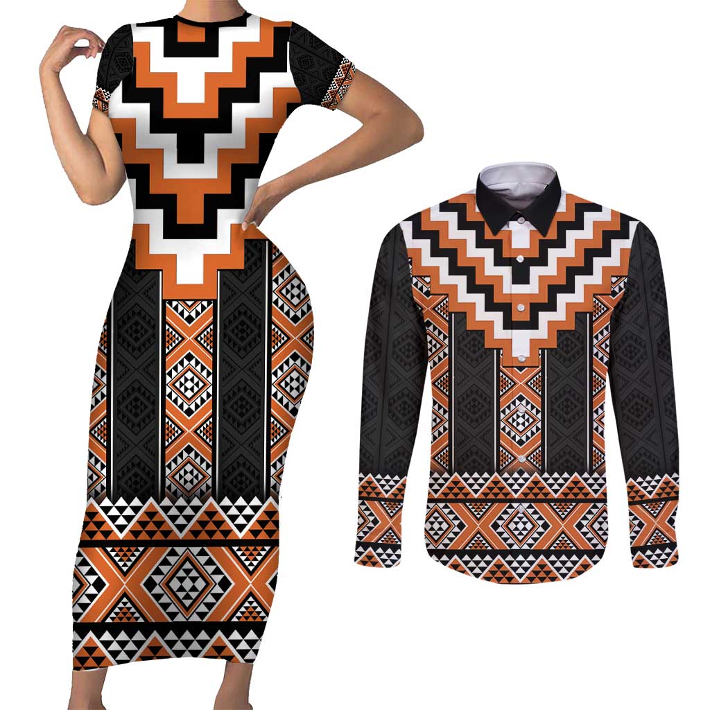Orange Taniko Pattern Aotearoa Couples Matching Short Sleeve Bodycon Dress and Long Sleeve Button Shirt Niho Taniwha Mix Poutama LT14 Orange - Polynesian Pride