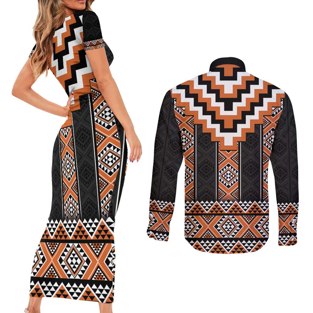 Orange Taniko Pattern Aotearoa Couples Matching Short Sleeve Bodycon Dress and Long Sleeve Button Shirt Niho Taniwha Mix Poutama LT14 - Polynesian Pride