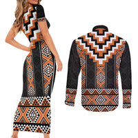 Orange Taniko Pattern Aotearoa Couples Matching Short Sleeve Bodycon Dress and Long Sleeve Button Shirt Niho Taniwha Mix Poutama LT14 - Polynesian Pride