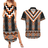 Orange Taniko Pattern Aotearoa Couples Matching Summer Maxi Dress and Hawaiian Shirt Niho Taniwha Mix Poutama LT14 Orange - Polynesian Pride