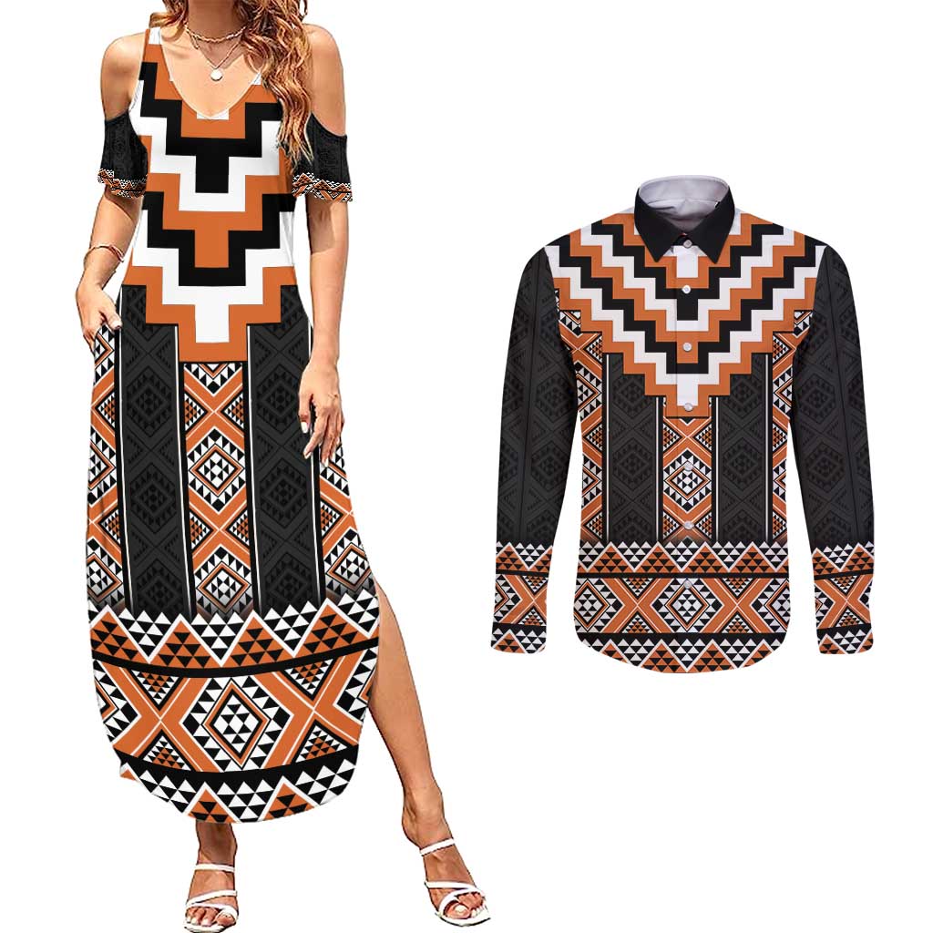 Orange Taniko Pattern Aotearoa Couples Matching Summer Maxi Dress and Long Sleeve Button Shirt Niho Taniwha Mix Poutama LT14 Orange - Polynesian Pride