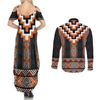 Orange Taniko Pattern Aotearoa Couples Matching Summer Maxi Dress and Long Sleeve Button Shirt Niho Taniwha Mix Poutama LT14 - Polynesian Pride