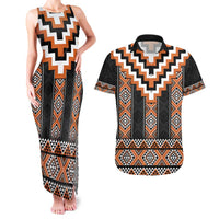 Orange Taniko Pattern Aotearoa Couples Matching Tank Maxi Dress and Hawaiian Shirt Niho Taniwha Mix Poutama LT14 Orange - Polynesian Pride