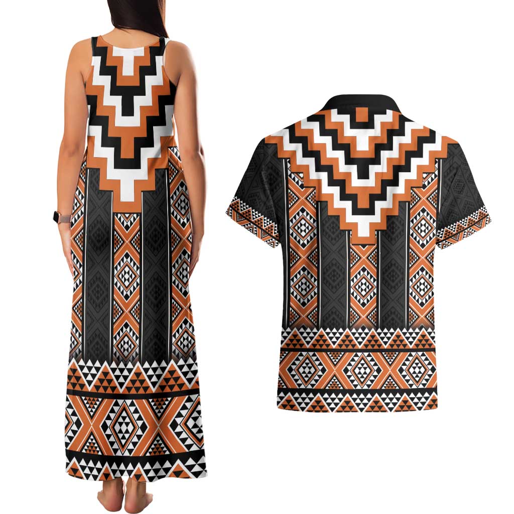 Orange Taniko Pattern Aotearoa Couples Matching Tank Maxi Dress and Hawaiian Shirt Niho Taniwha Mix Poutama LT14 - Polynesian Pride