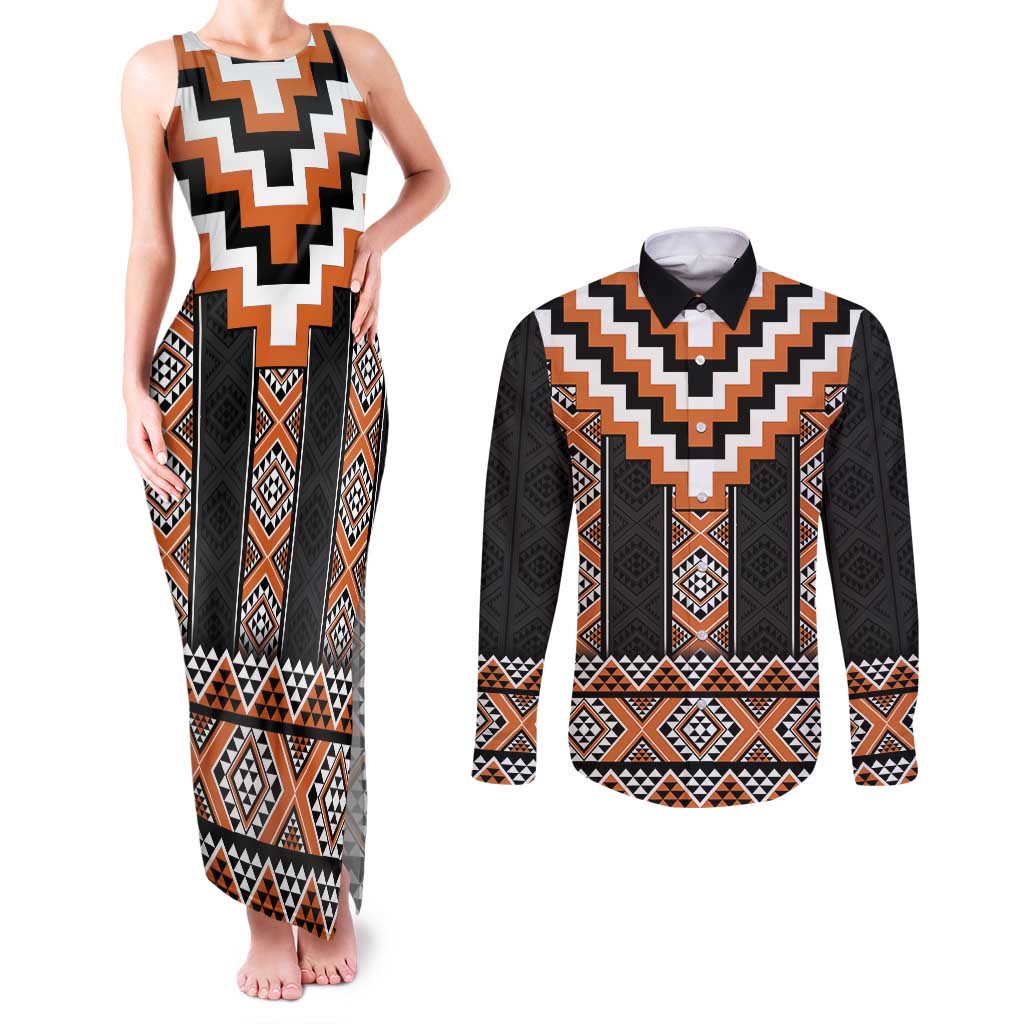 Orange Taniko Pattern Aotearoa Couples Matching Tank Maxi Dress and Long Sleeve Button Shirt Niho Taniwha Mix Poutama LT14 Orange - Polynesian Pride