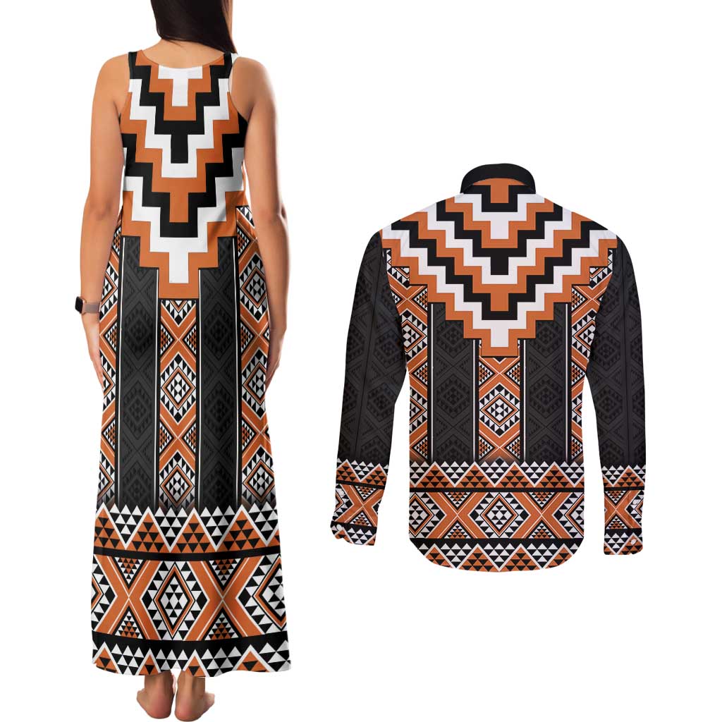 Orange Taniko Pattern Aotearoa Couples Matching Tank Maxi Dress and Long Sleeve Button Shirt Niho Taniwha Mix Poutama LT14 - Polynesian Pride