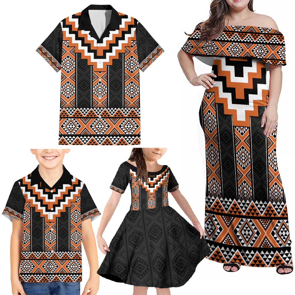 Orange Taniko Pattern Aotearoa Family Matching Off Shoulder Maxi Dress and Hawaiian Shirt Niho Taniwha Mix Poutama LT14