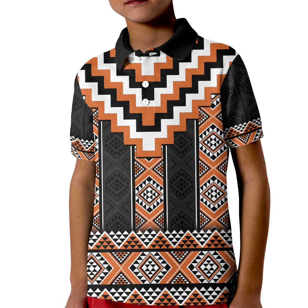 Orange Taniko Pattern Aotearoa Kid Polo Shirt Niho Taniwha Mix Poutama LT14