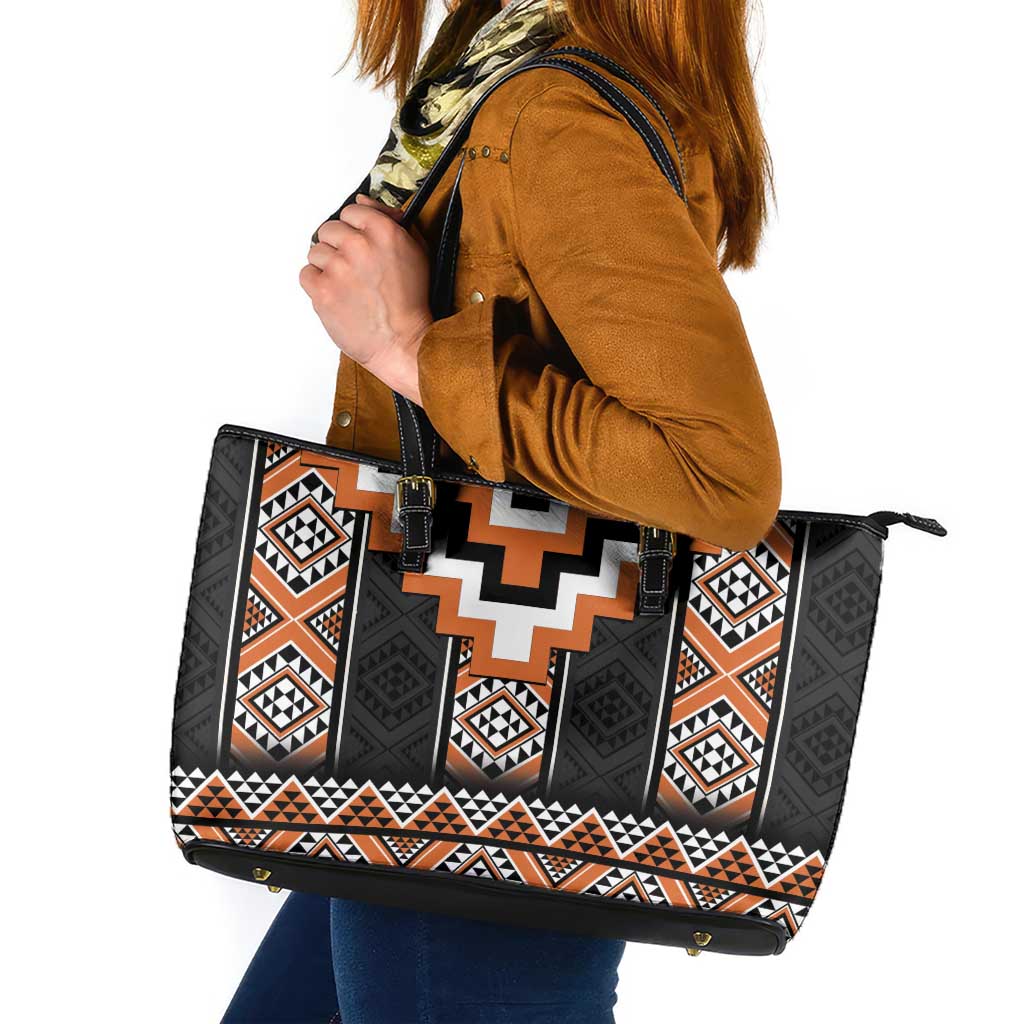 Orange Taniko Pattern Aotearoa Leather Tote Bag Niho Taniwha Mix Poutama LT14 Orange - Polynesian Pride