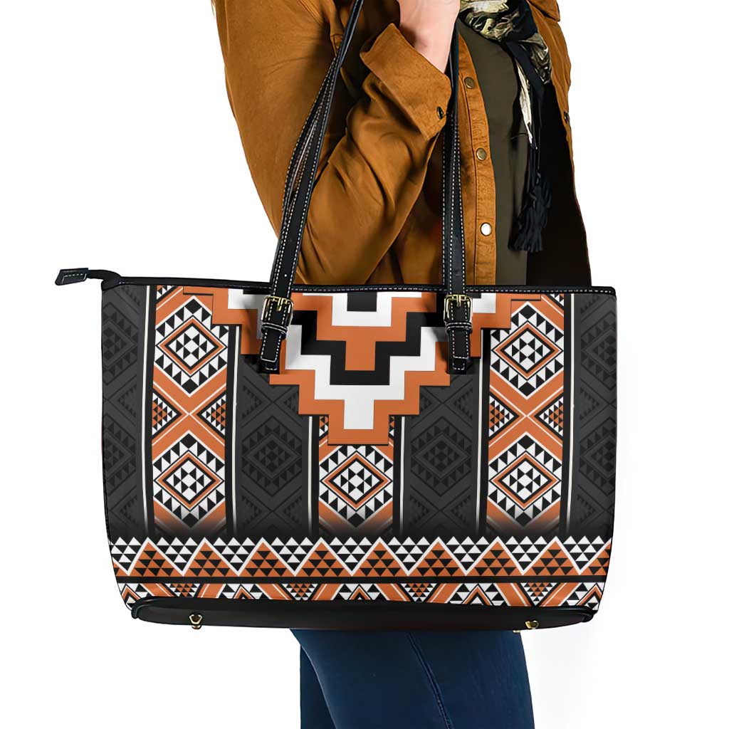 Orange Taniko Pattern Aotearoa Leather Tote Bag Niho Taniwha Mix Poutama LT14 - Polynesian Pride