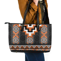 Orange Taniko Pattern Aotearoa Leather Tote Bag Niho Taniwha Mix Poutama LT14 - Polynesian Pride