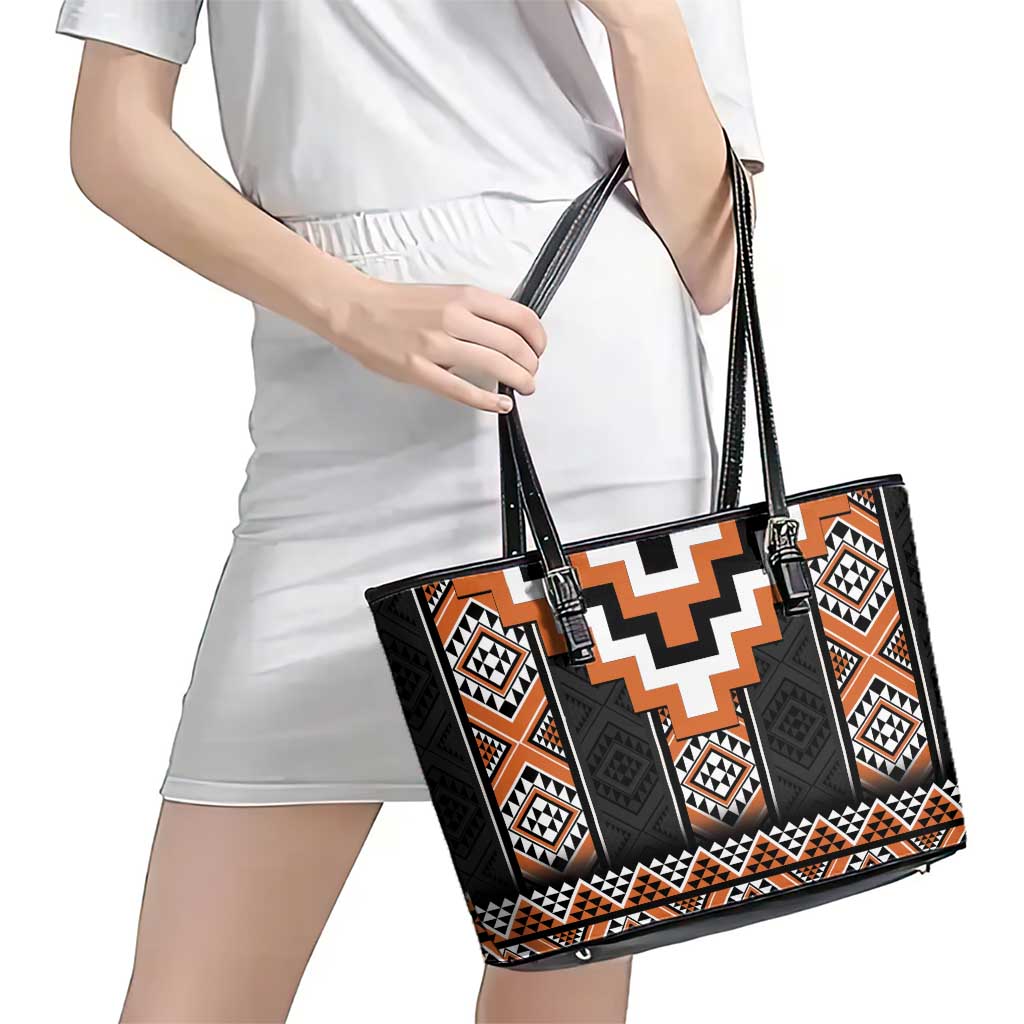 Orange Taniko Pattern Aotearoa Leather Tote Bag Niho Taniwha Mix Poutama LT14 - Polynesian Pride