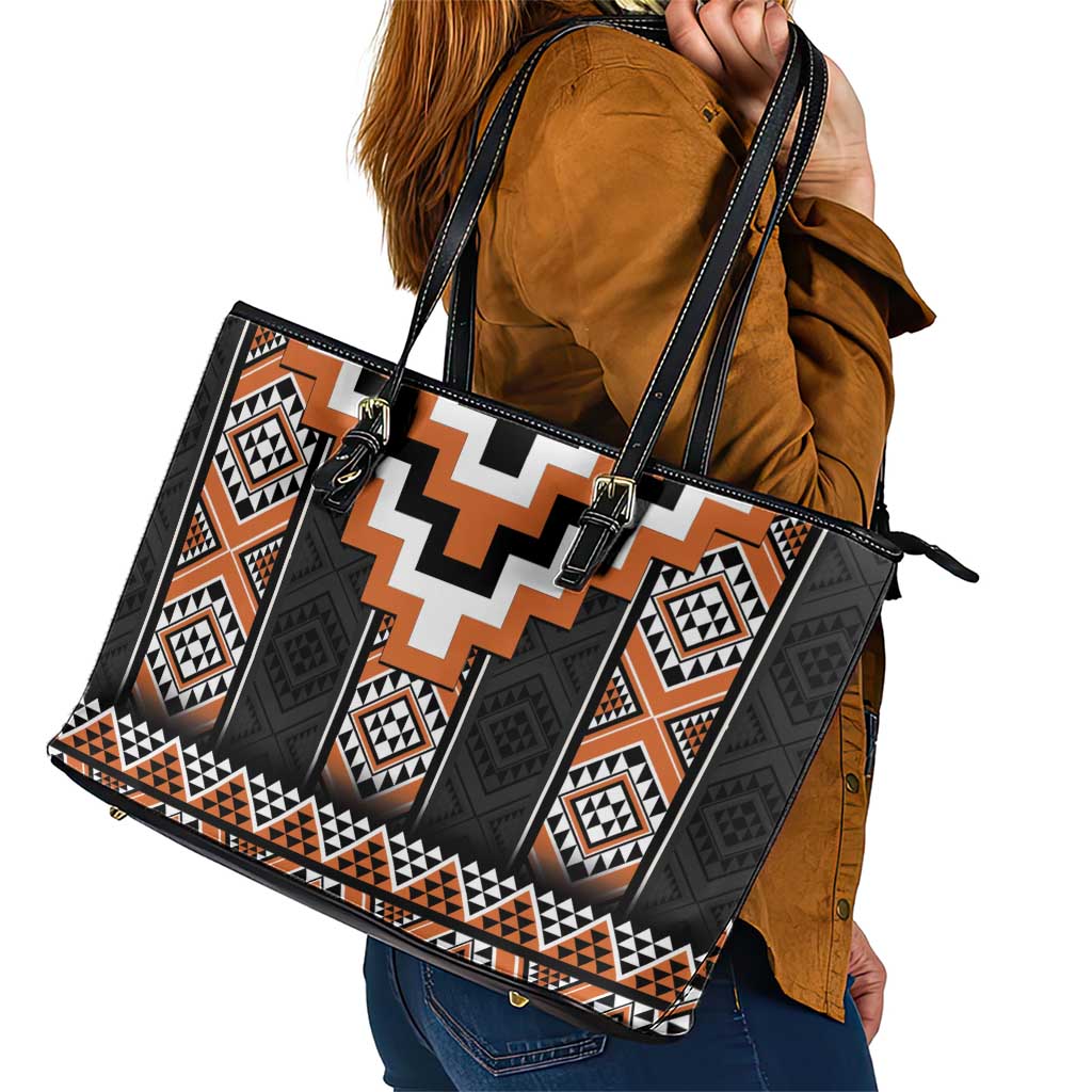 Orange Taniko Pattern Aotearoa Leather Tote Bag Niho Taniwha Mix Poutama LT14 - Polynesian Pride