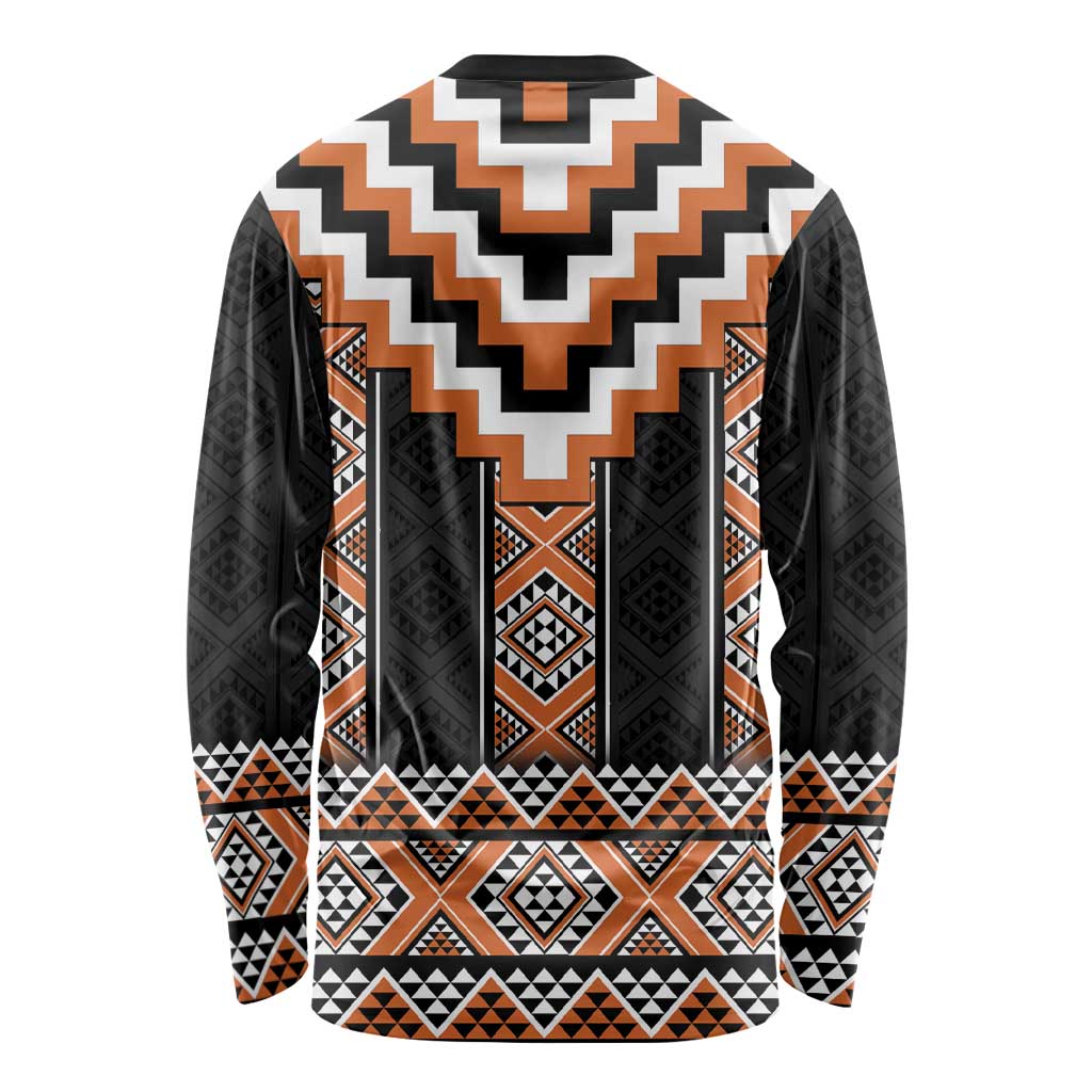 Orange Taniko Pattern Aotearoa Long Sleeve Shirt Niho Taniwha Mix Poutama LT14
