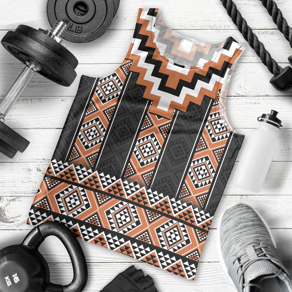 Orange Taniko Pattern Aotearoa Men Tank Top Niho Taniwha Mix Poutama LT14 - Polynesian Pride