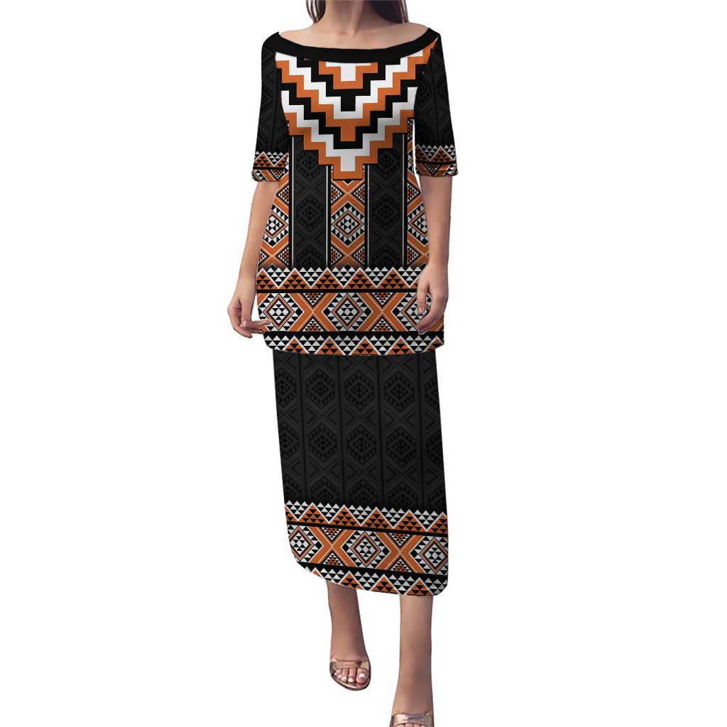 Orange Taniko Pattern Aotearoa Puletasi Niho Taniwha Mix Poutama LT14 Long Dress Orange - Polynesian Pride