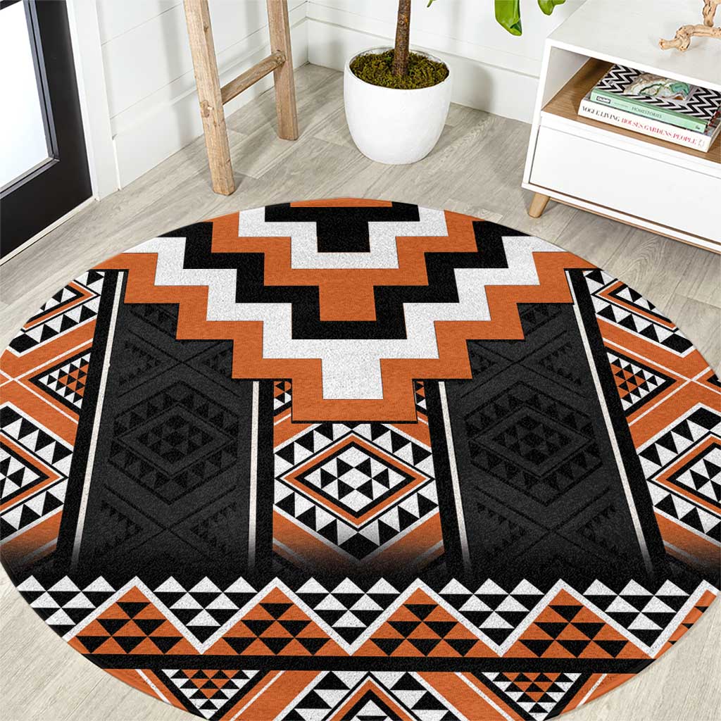 Orange Taniko Pattern Aotearoa Round Carpet Niho Taniwha Mix Poutama