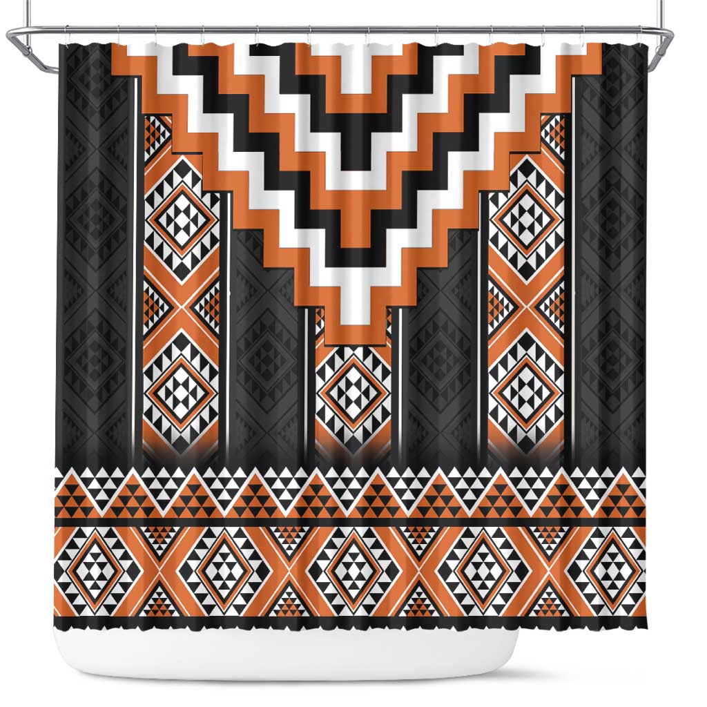 Orange Taniko Pattern Aotearoa Shower Curtain Niho Taniwha Mix Poutama