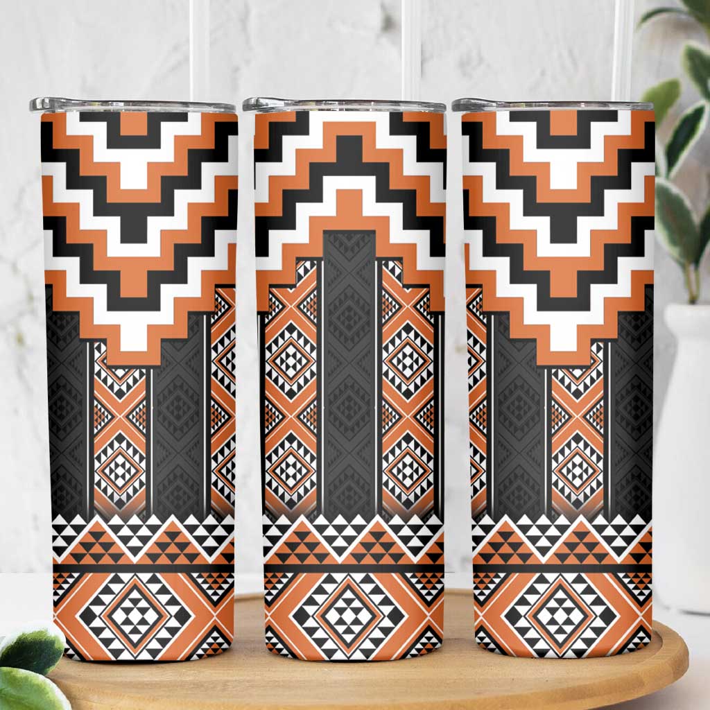 Orange Taniko Pattern Aotearoa Skinny Tumbler Niho Taniwha Mix Poutama LT14