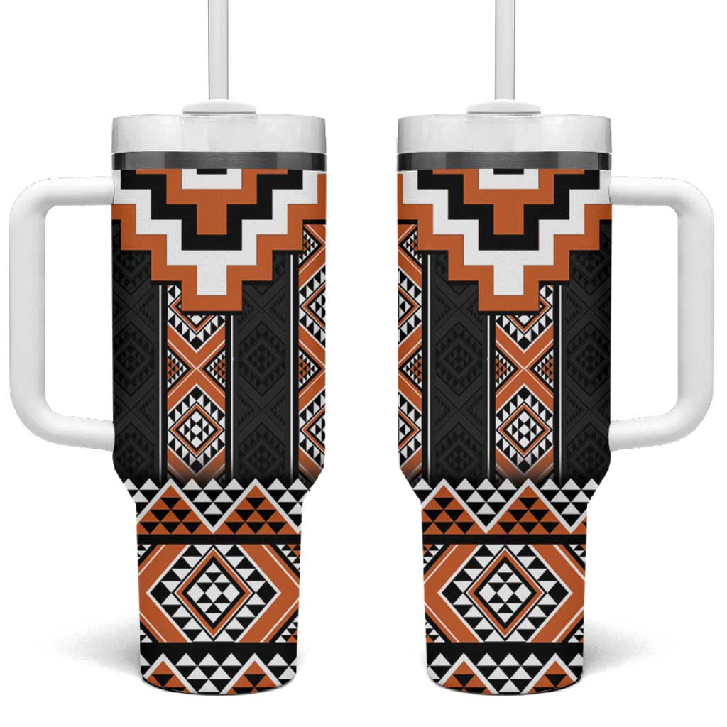 Orange Taniko Pattern Aotearoa Tumbler With Handle Niho Taniwha Mix Poutama LT14 One Size: 40 oz Orange - Polynesian Pride