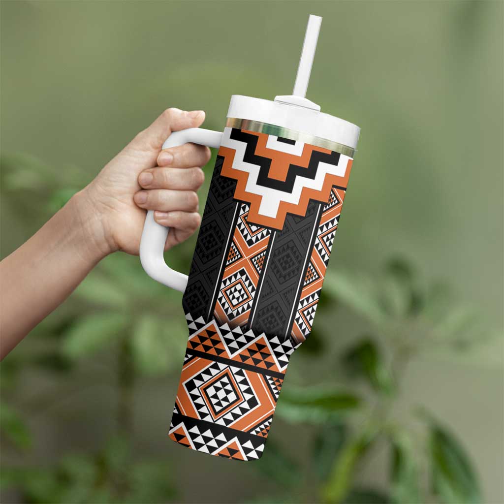 Orange Taniko Pattern Aotearoa Tumbler With Handle Niho Taniwha Mix Poutama LT14 - Polynesian Pride