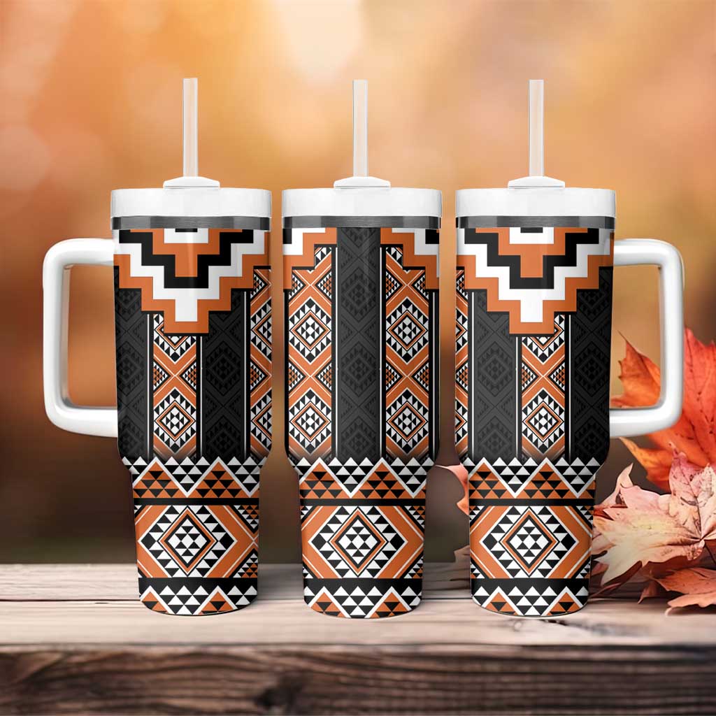 Orange Taniko Pattern Aotearoa Tumbler With Handle Niho Taniwha Mix Poutama LT14 - Polynesian Pride