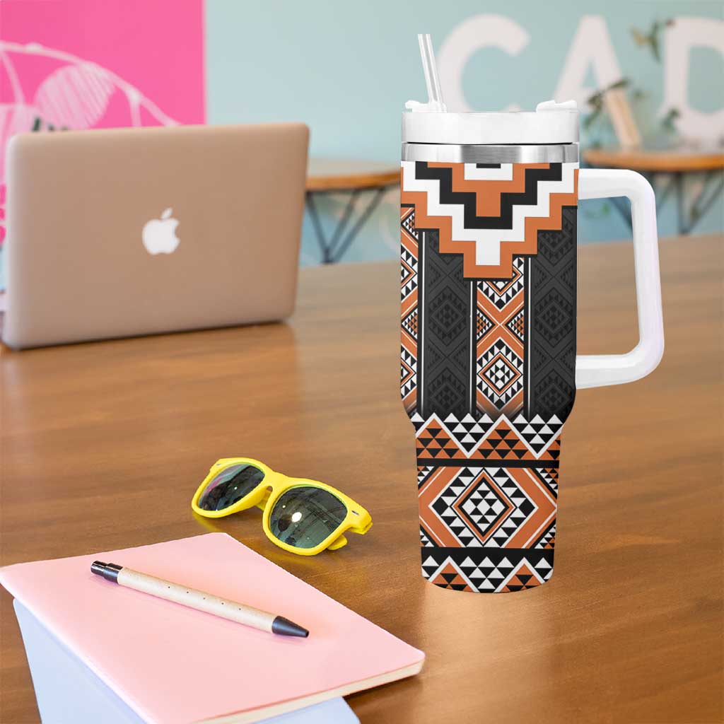 Orange Taniko Pattern Aotearoa Tumbler With Handle Niho Taniwha Mix Poutama LT14 - Polynesian Pride