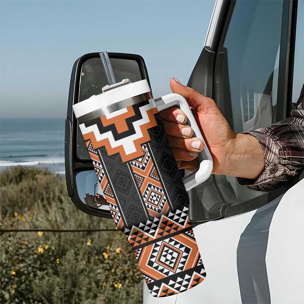 Orange Taniko Pattern Aotearoa Tumbler With Handle Niho Taniwha Mix Poutama LT14 - Polynesian Pride