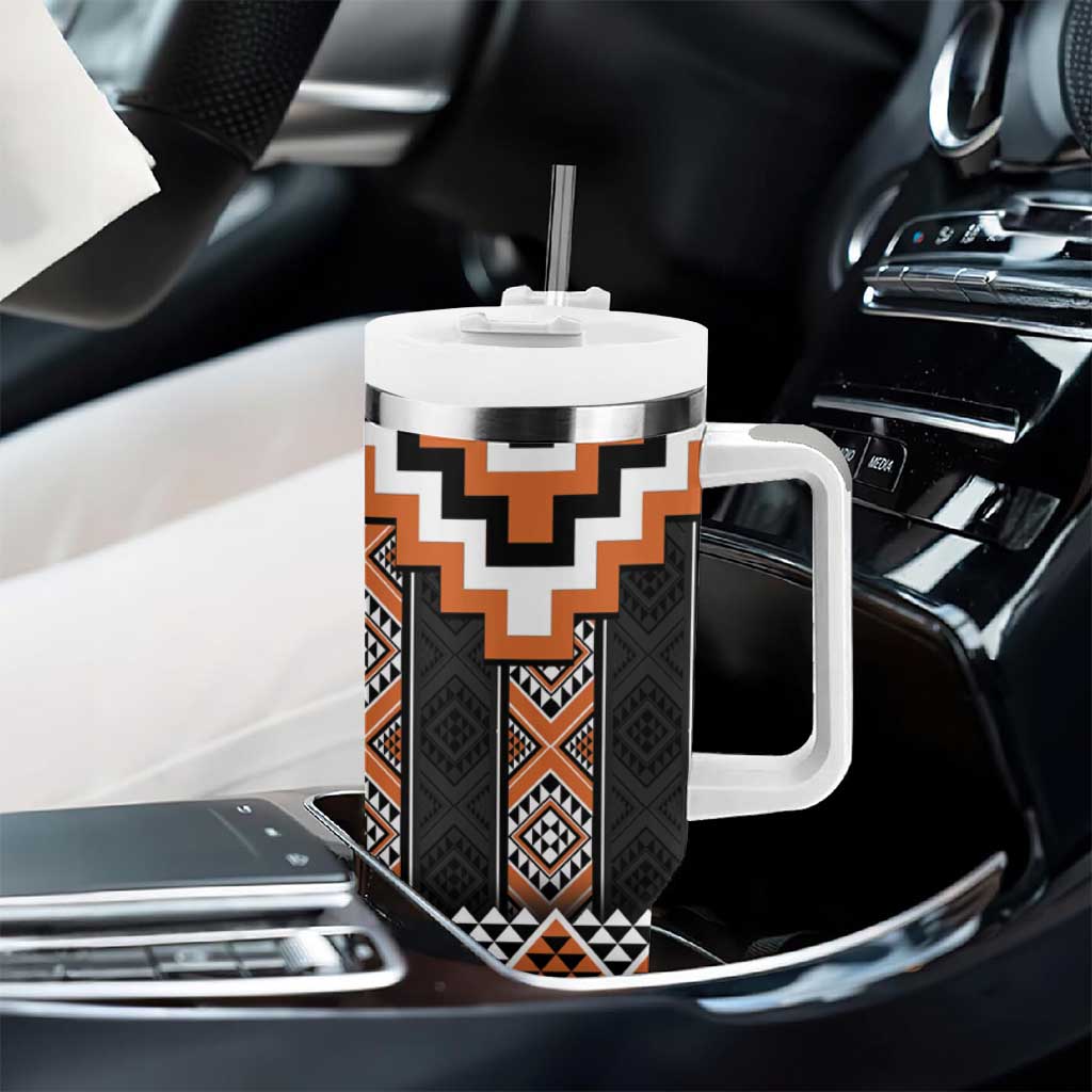 Orange Taniko Pattern Aotearoa Tumbler With Handle Niho Taniwha Mix Poutama LT14 - Polynesian Pride