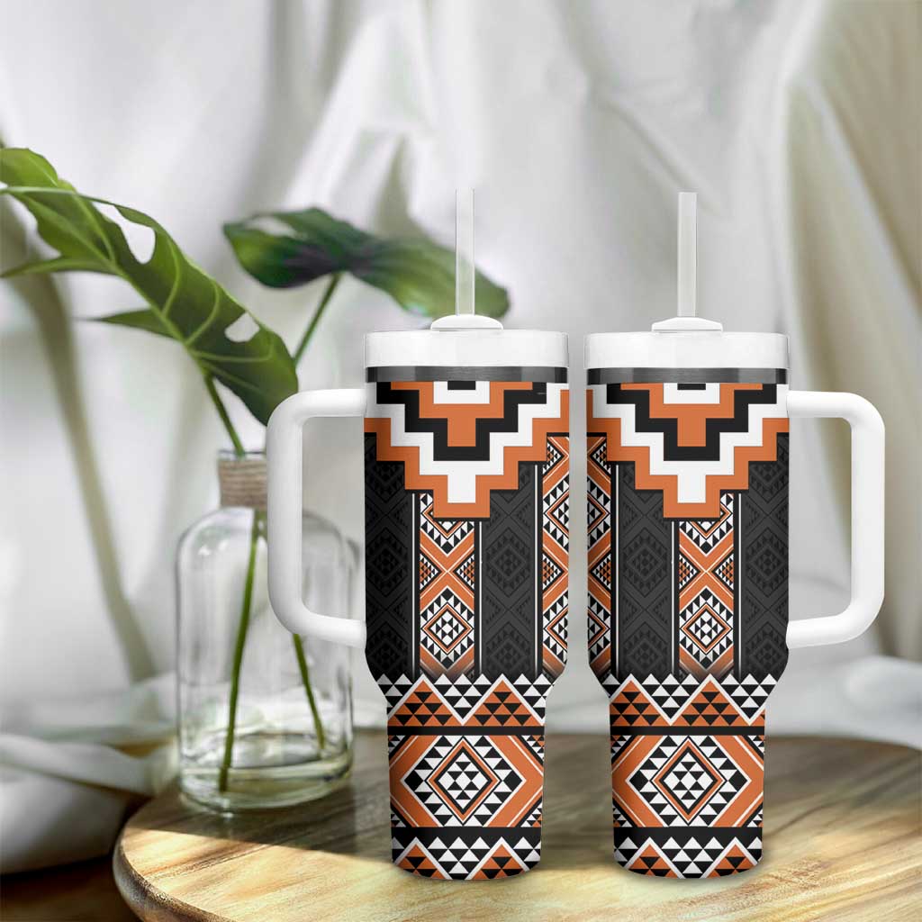 Orange Taniko Pattern Aotearoa Tumbler With Handle Niho Taniwha Mix Poutama LT14 - Polynesian Pride
