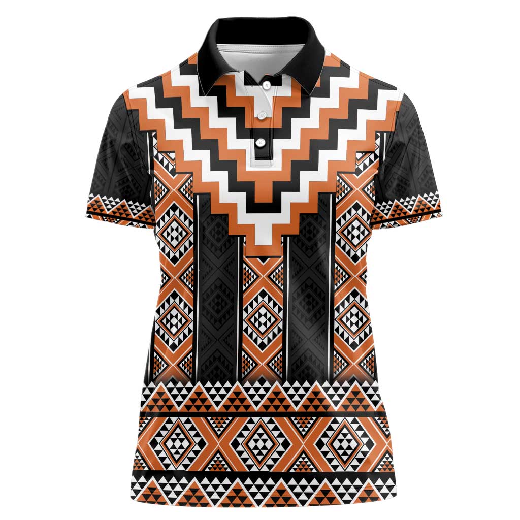 Orange Taniko Pattern Aotearoa Women Polo Shirt Niho Taniwha Mix Poutama LT14